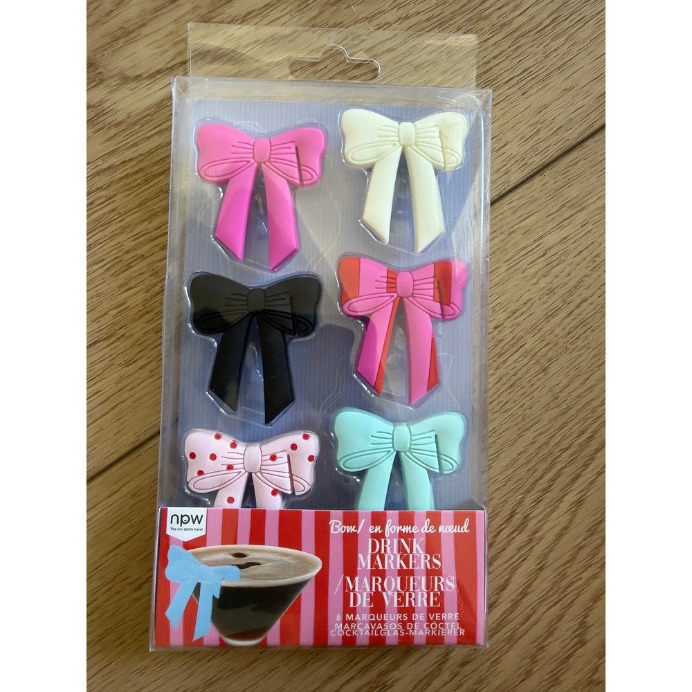 NPW Bow Drink Markers Set of 6 Silicone Glass Identifiers Pink Cream Black Teal